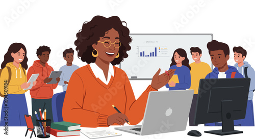 Smiling Teacher Leading a Class with Laptop and Students.