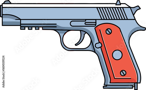 Gray handgun with orange grip is seen isolated on a white background, creating a stark and serious image suitable for editorial or crime-related content.