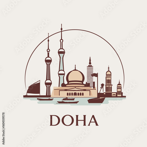 Vintage style illustration of Doha skyline with mosque, towers, and traditional dhow boats on calm water