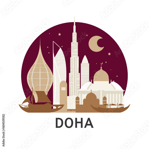 Vector of Doha skyline with iconic towers, Islamic domes, dhow boats and crescent moon over night sky