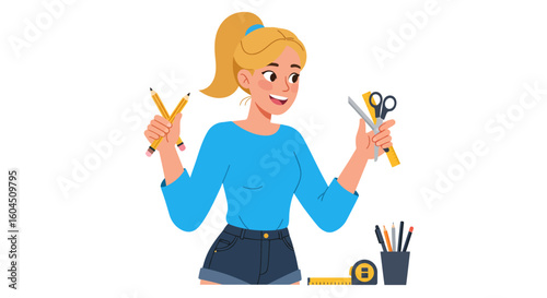 Smiling Woman Holding Pencils Scissors and Ruler.