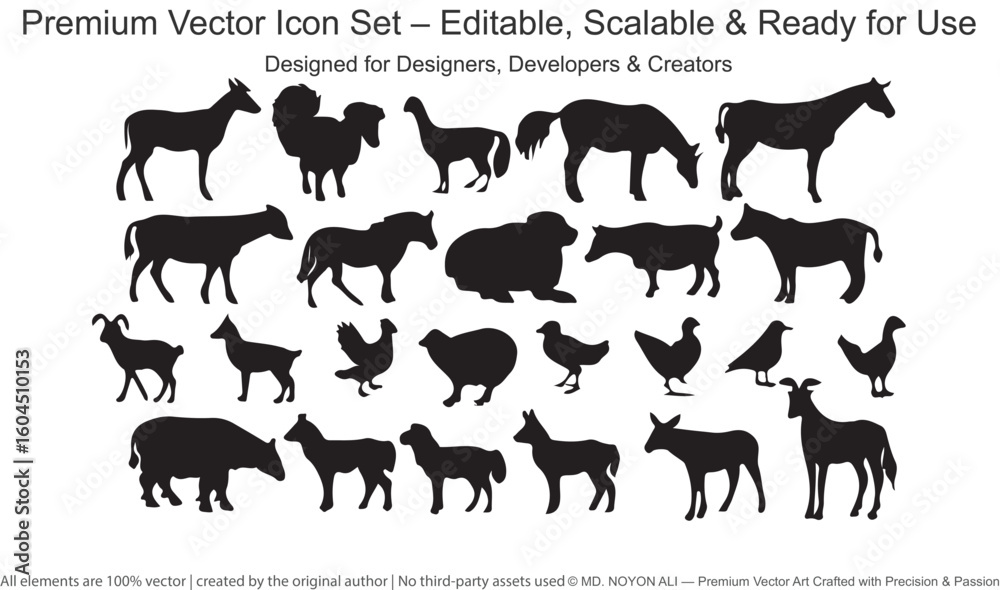 Obraz premium Black silhouettes of various farm animals and birds on a white background black and white horse