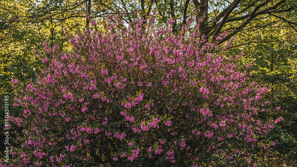 Obraz premium A cluster of small pink flowers decorates a bush nestled among green foliage in the woods.