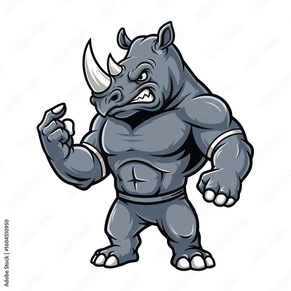 Fototapeta premium Cartoon illustration of a muscular rhinoceros standing upright, with an angry expression and clenched fist, isolated on a white background.
