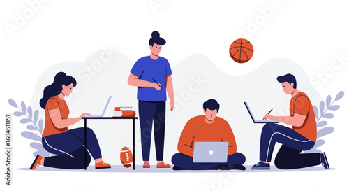 Group of People Working with Laptops and Ball.