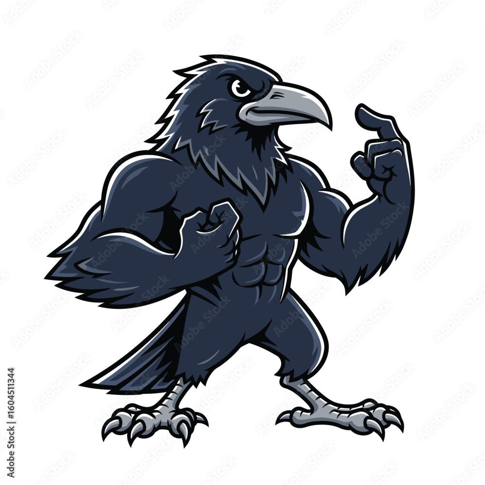 Obraz premium Cartoon illustration of a muscular crow standing with clenched fists, looking fierce and ready for action.