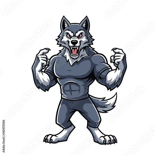 Cartoon illustration of an anthropomorphic muscular gray wolf standing with a fierce expression, flexing its arms and showing its teeth.