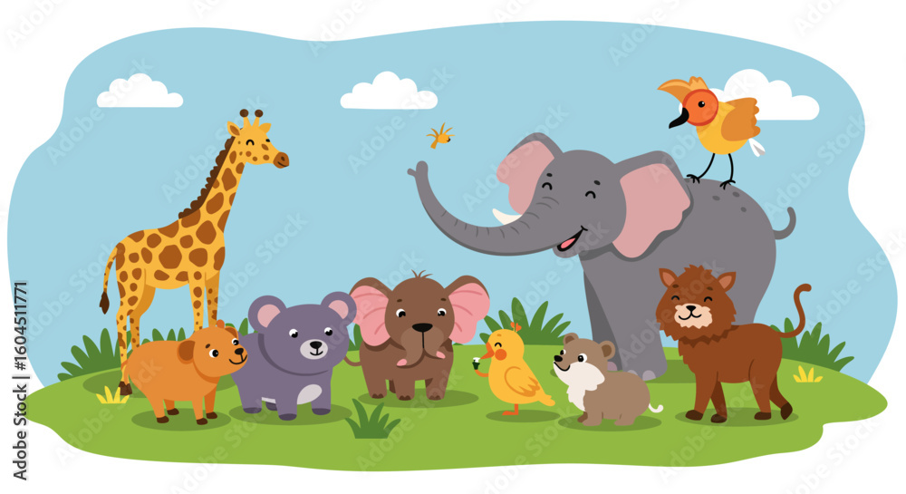 Naklejka premium Cartoon Animals Gathering on a Green Meadow.