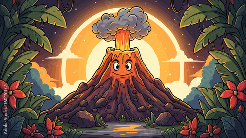 Cartoon volcano with a happy face is erupting gray plumes with lava flowing down in a brightly colored jungle setting, creating a fun and vibrant illustration suitable for educational content.