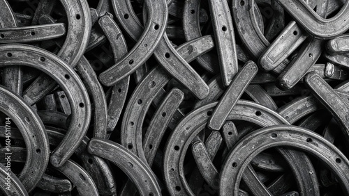 Monochrome close-up of aged horseshoes for farrier industry banner