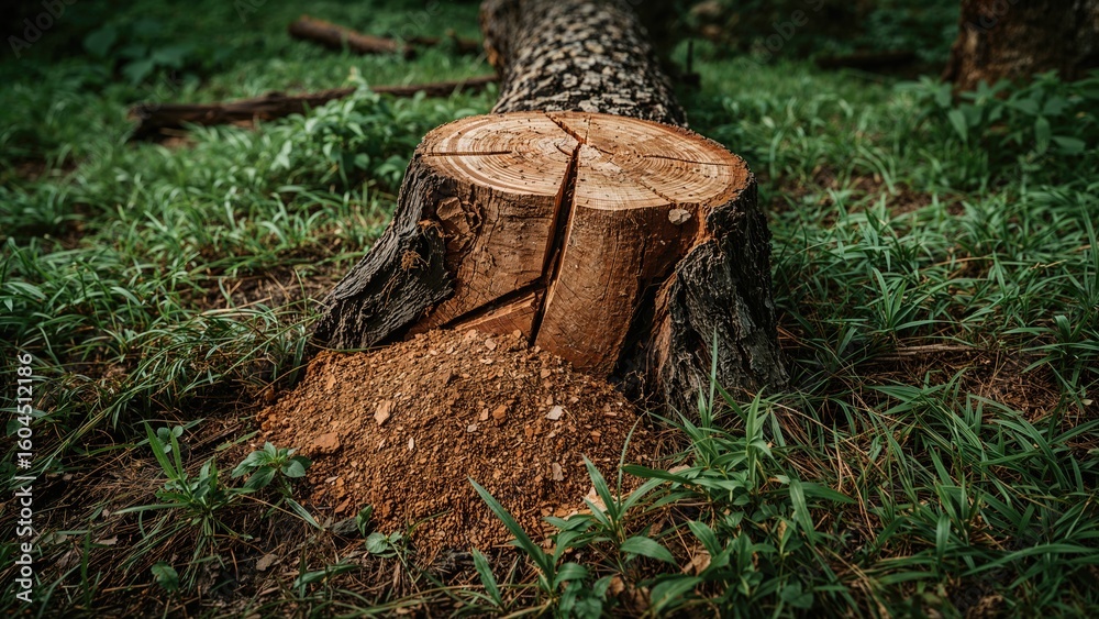Cut tree stump with splintered wooden debris and sawdust covering the earth, symbolizing natural resource exploitation and deforestation. Cut tree stump with splintered wooden debris and sawdust covering the earth, symbolizing natural resource exploitation and deforestation.