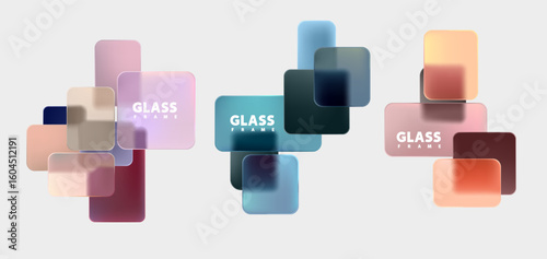 Set of geometric banner in liquid glass style. Colored and transparent squares and rectangles. Vector design elements.