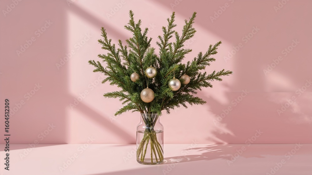 Fototapeta premium Evergreen spruce bouquet displayed in clear containers with decorative accents
