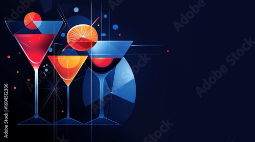 Three Colorful Cocktails in Martini Glasses Dark Blue Geometric Background