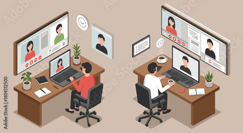 Isometric Illustration of People Video Conferencing at Desks.