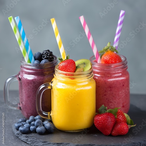 Three Colorful Fruit Smoothies in Mason Jars