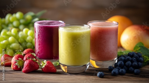 Three Colorful Fruit Smoothies on Wooden Table