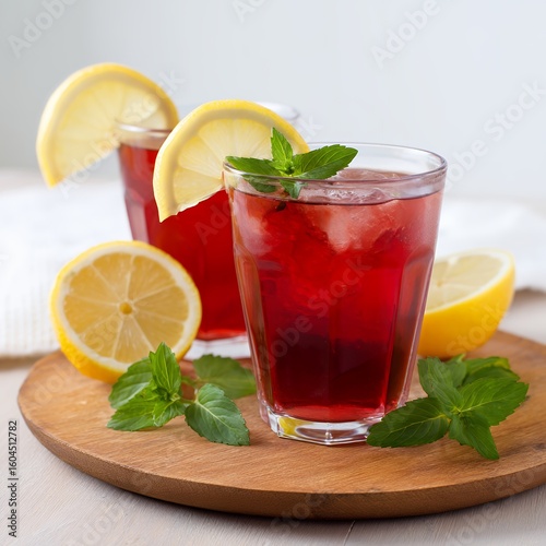 Two Glasses of Iced Red Tea with Lemon and Mint