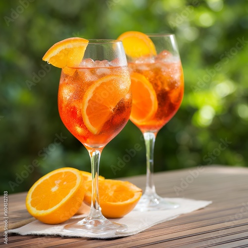 Two Aperol Spritzes with Orange Slices on Wooden Table Outdoors