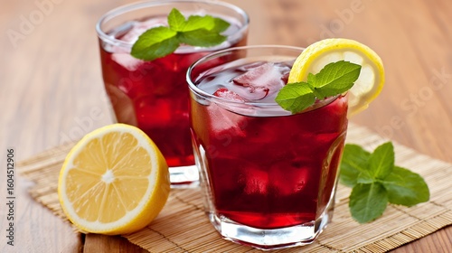 Two Glasses of Refreshing Red Iced Tea with Lemon and Mint