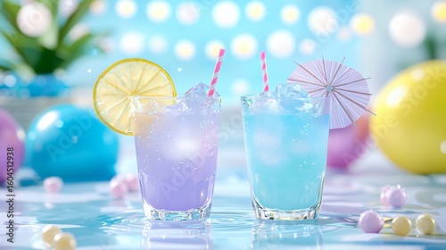 Two Pastel Colored Icy Drinks with Lemon and Umbrella Garnish
