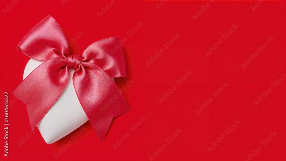 A white heart complemented by a pink satin ribbon on a red background. Decorative banner for romantic and appreciation holidays.