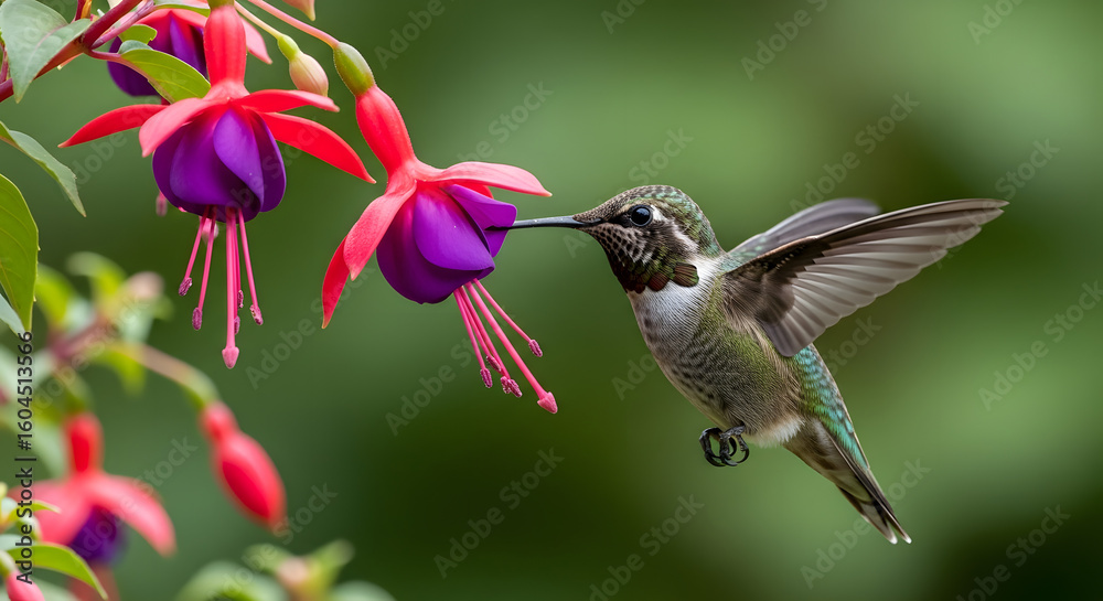Fototapeta premium Hummingbird gracefully sips nectar from vibrant fuchsia blossom in stunning detail