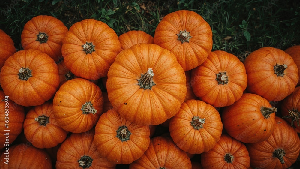 Close-up arrangement of fresh orange pumpkins stacked on green grass at a local farmers market in autumn season. Close-up arrangement of fresh orange pumpkins stacked on green grass at a local farmers market in autumn season.