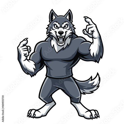 Cartoon illustration of a muscular wolf character standing with a fierce expression, pointing upwards with both paws.