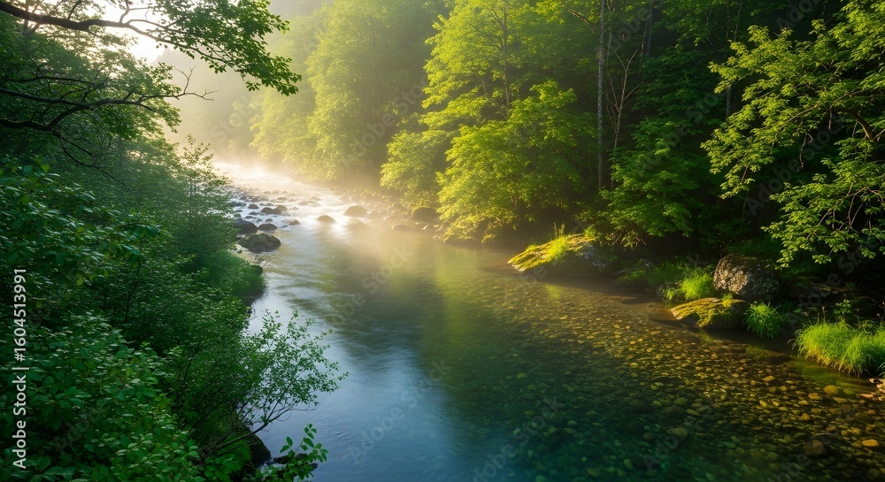 Fototapeta premium Tranquil River Landscape in Lush Green Forest Environment, Nature Photography, Peaceful Viewpoint