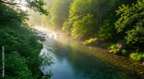 Tranquil River Landscape in Lush Green Forest Environment, Nature Photography, Peaceful Viewpoint