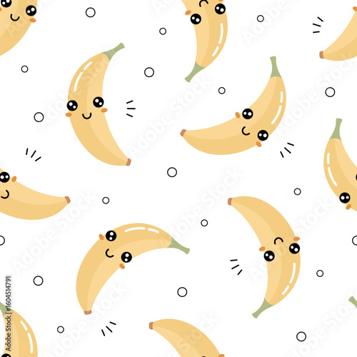 Cute banana seamless pattern. Groovy tropical fruit character, hand drawn vector background