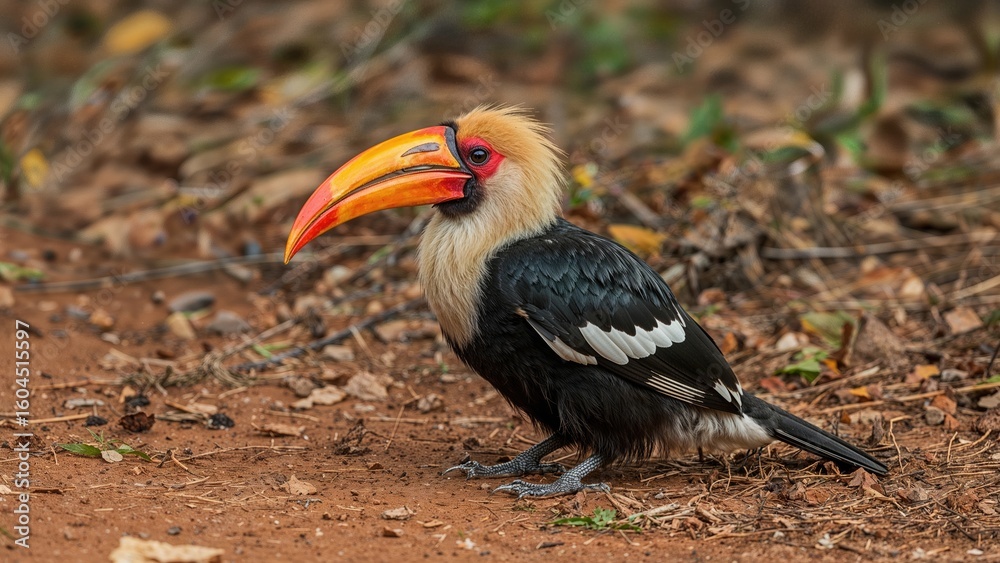 Obraz premium Close-up of a rare hornbill perched on the earth with a brown backdrop.