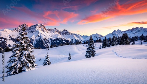 Winter wonderland sunrise over snow-capped peaks