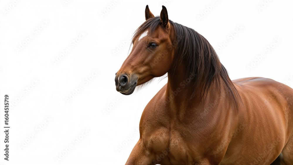 Fototapeta premium Side view of a brown Tinker horse with a slight head turn, gazing at the camera on a white backdrop.