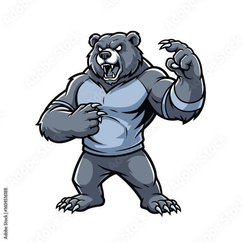 A muscular, cartoon grizzly bear with a ferocious expression, ready to fight and showing its claws.