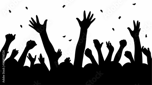 Silhouette of a crowd with raised hands and confetti falling in a black and white illustration style image