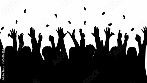 Silhouette of a crowd with raised hands and confetti falling, celebrating a special event or achievement