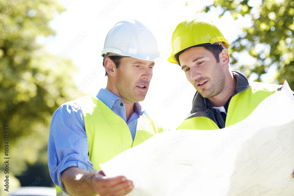 Two construction engineers in safety gear review blueprints on site, ensuring precise architectural plans and efficient project execution. Two construction engineers in safety gear review blueprints on site, ensuring precise architectural plans and efficient project execution.