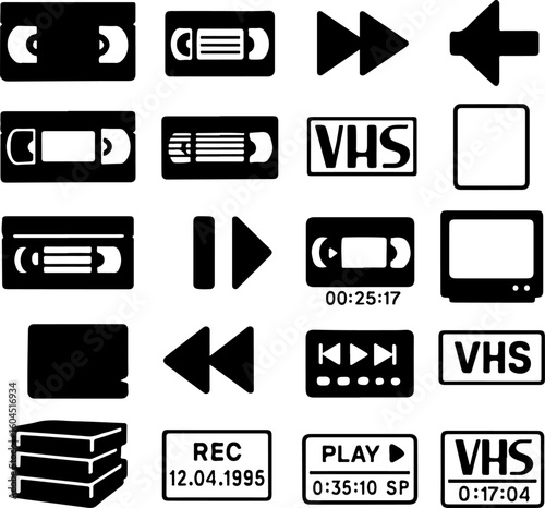 Collection of vintage vhs tapes and retro media playback icons