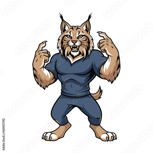 Cartoon lynx mascot in a strong pose, pointing with pride.
