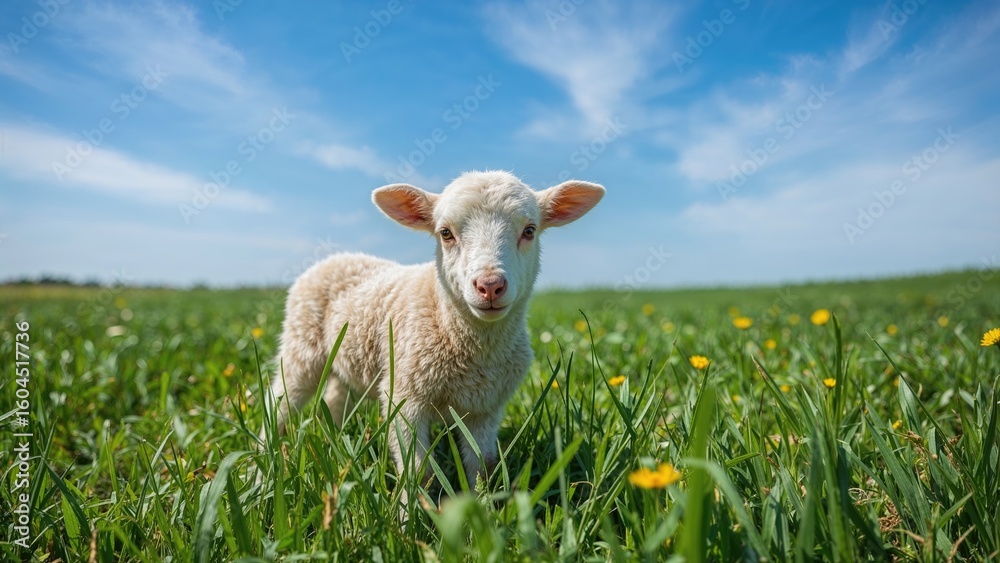 Obraz premium Charming baby lamb resting in a vibrant meadow with clear sunny weather overhead
