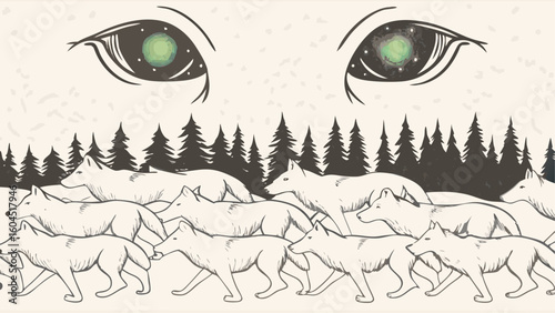 A pack of wolves walking beneath a forest line with large eyes above them watching with green pupils silhouette