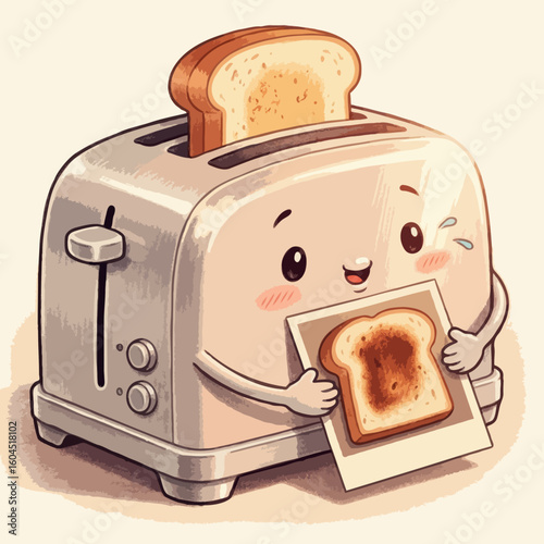 A cartoon toaster with toast and a photo of toast holding toast