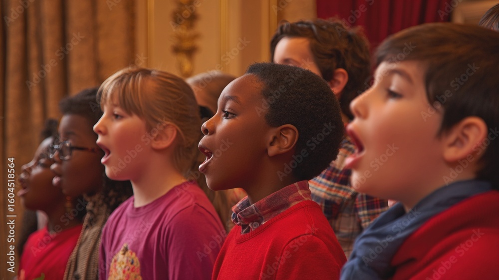 Fototapeta premium Group of happy children singing together with expressive faces