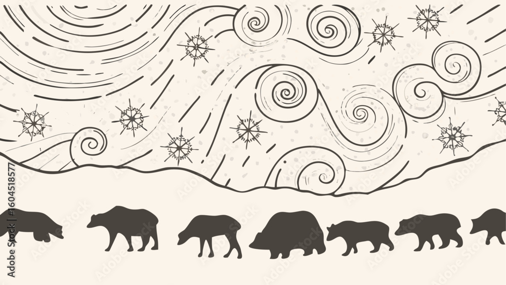 Fototapeta premium Silhouette of bears walking under a swirling sky with snowflakes and falling snow design element drawing