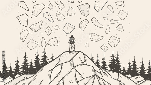 A lone hiker stands atop a rocky peak amidst a forest with floating rocks in a stylized monochrome scene silhouette