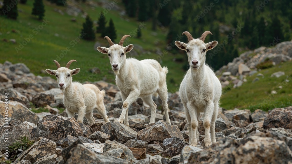 Obraz premium Juvenile goats navigating a rugged terrain