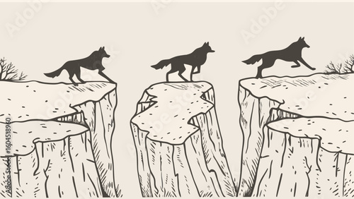 Three wolves leaping across a chasm between cliffs in a monochrome illustration style drawing art silhouette