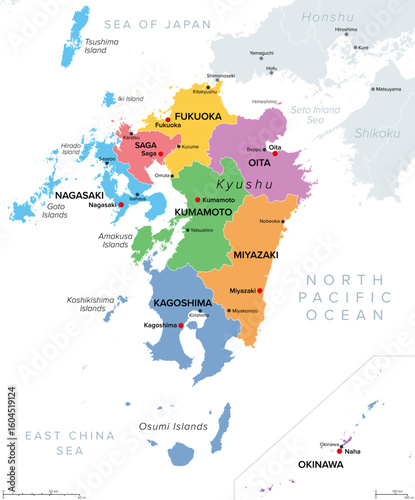 Kyushu region of Japan, multi colored political map. Third-largest island of Japan, consisting of the seven prefectures Fukuoka, Kumamoto, Nagasaki, Oita, Saga, Kagoshima, Miyazaki, and Okinawa.